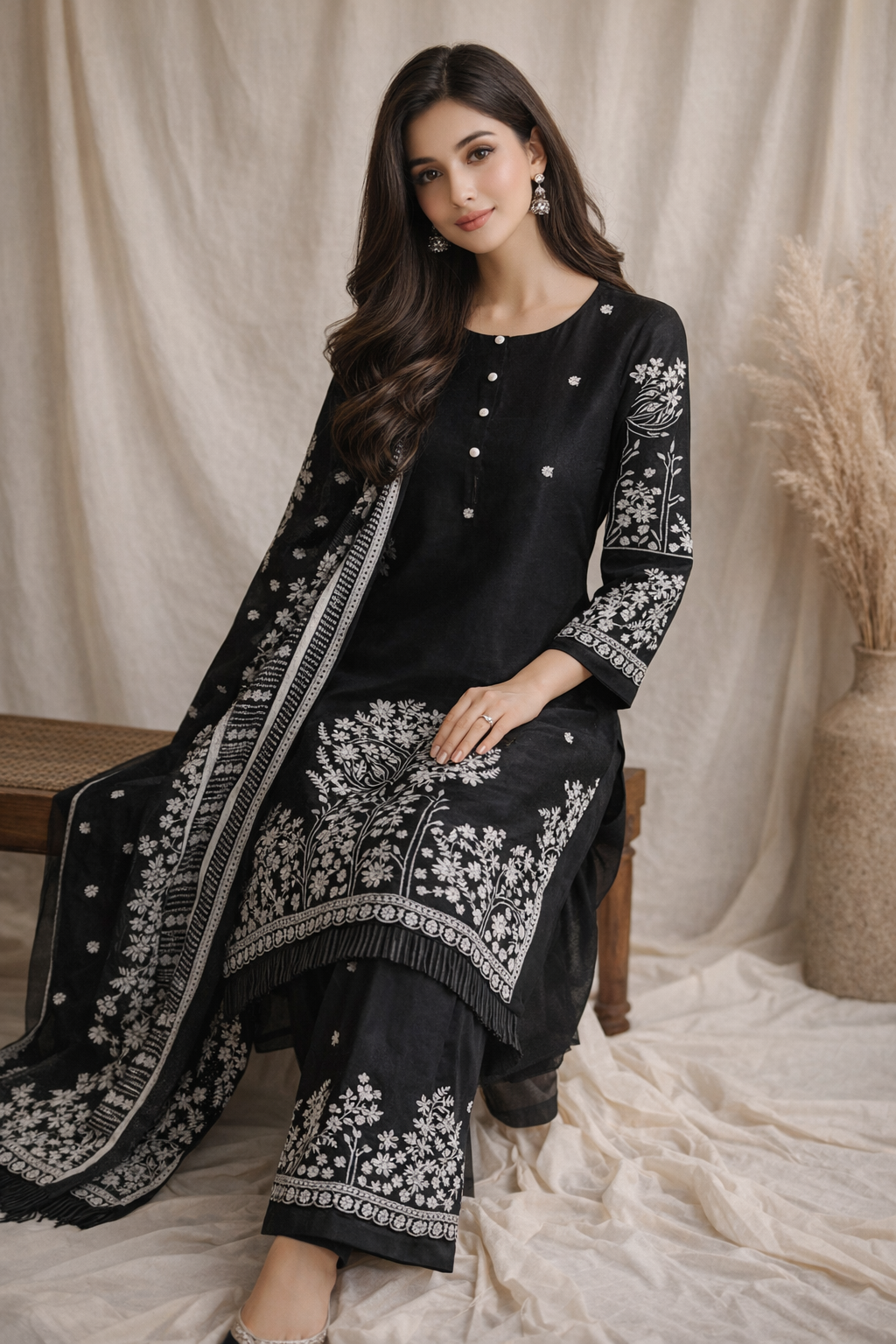 Embroidered Lawn Suit - Floral Tree Design 3-Piece Pakistani Dress | 3899 PKR