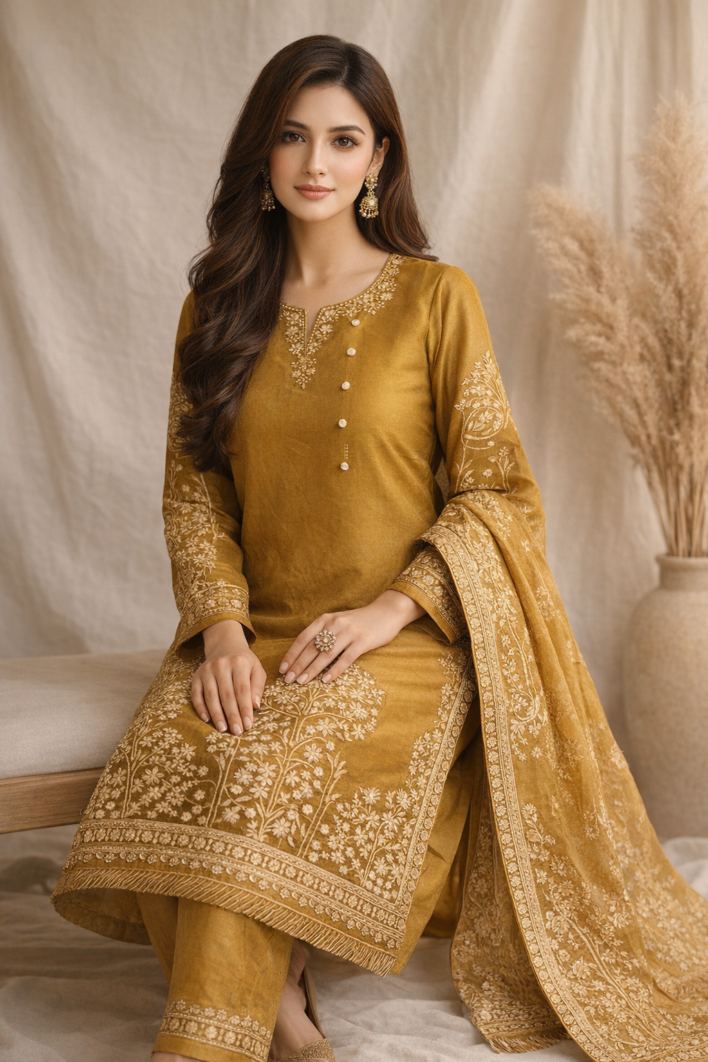 Embroidered Lawn Suit - Floral Tree Design 3-Piece Pakistani Dress | 3899 PKR